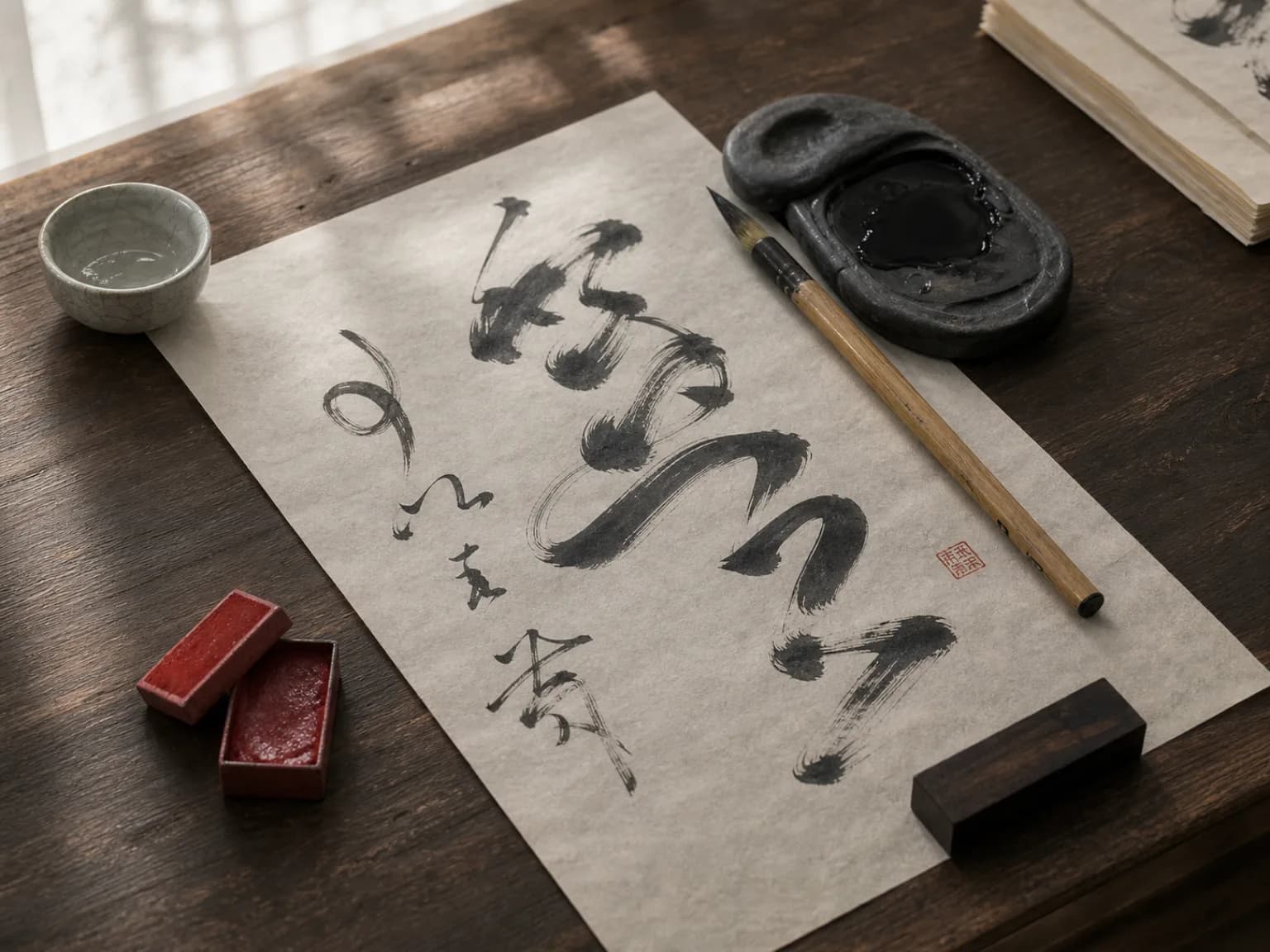 Calligraphy brush, ink stone and paper on a desk