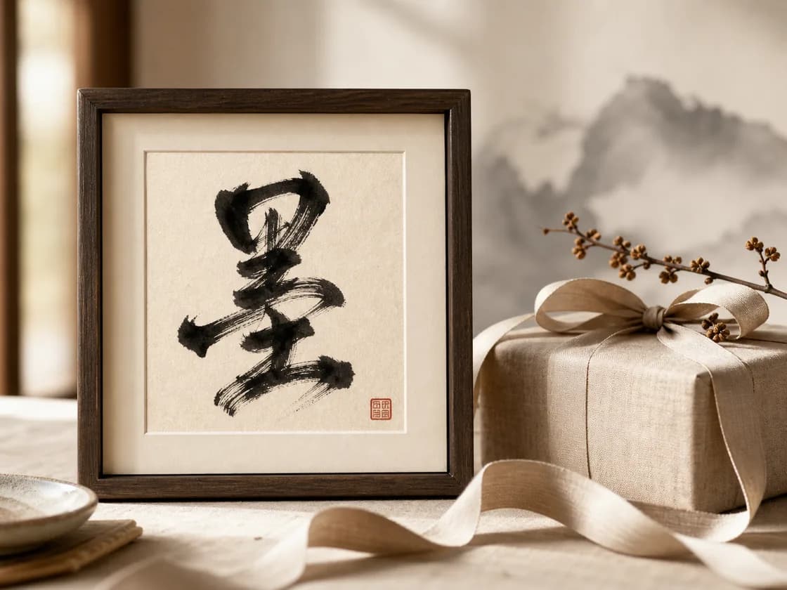 Framed Chinese calligraphy next to a wrapped gift