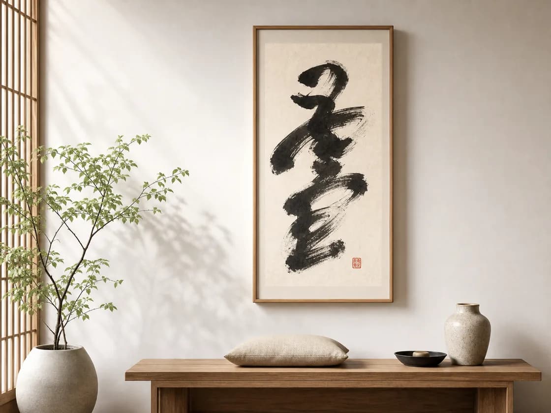 Vertical Chinese calligraphy scroll in a calm room